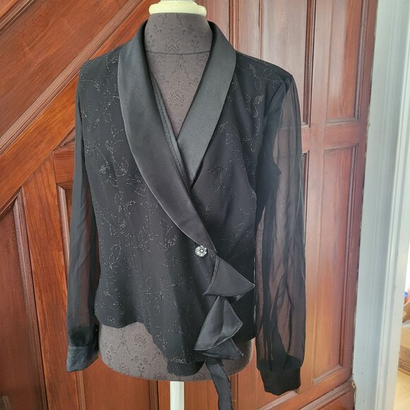 Another Thyme Vintage  Black Chiffon Embroidered Wrap Blouse With Satin Collar & - Picture 1 of 7